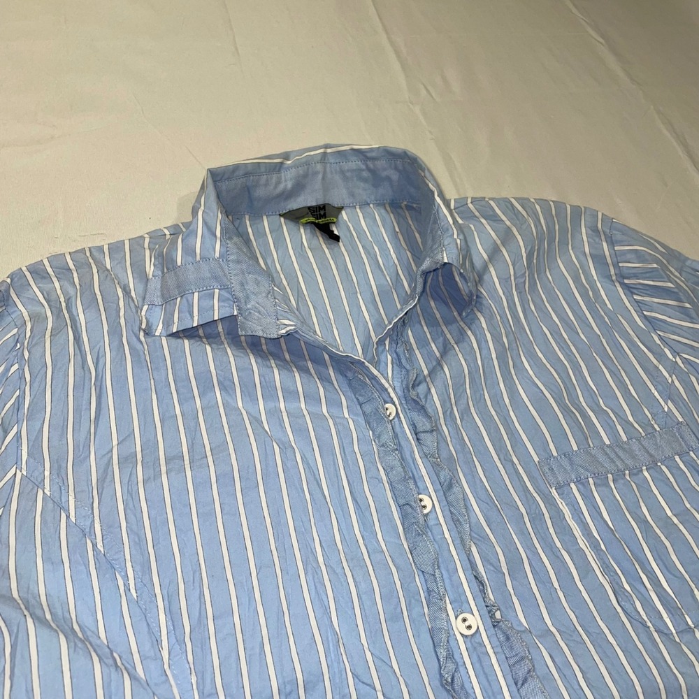 Simorra Javier Simorra Blue White‎ Striped Ruffle Button Down Shirt Womens 14